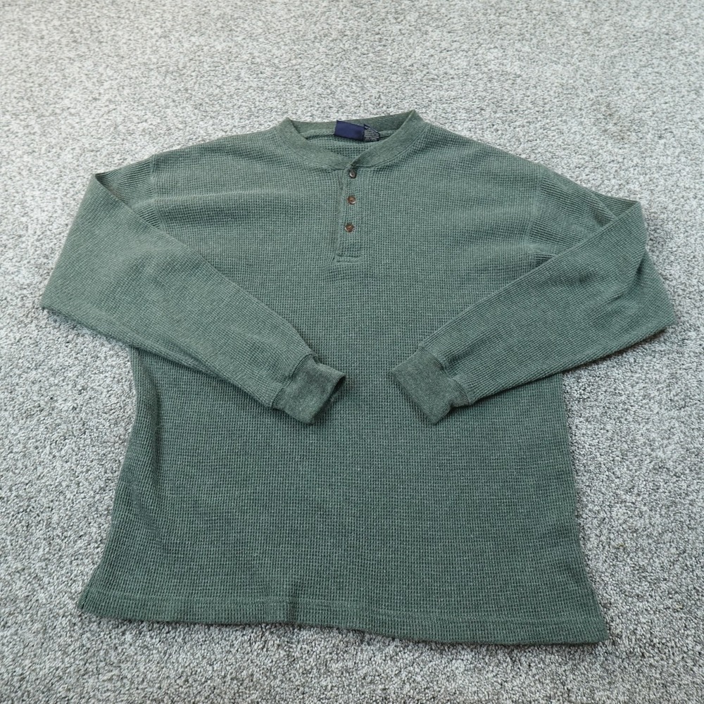 VTG Van Heusen Shirt Mens L Green Waffle Knit Thermal Henley Long Sleeve 90s Y2K